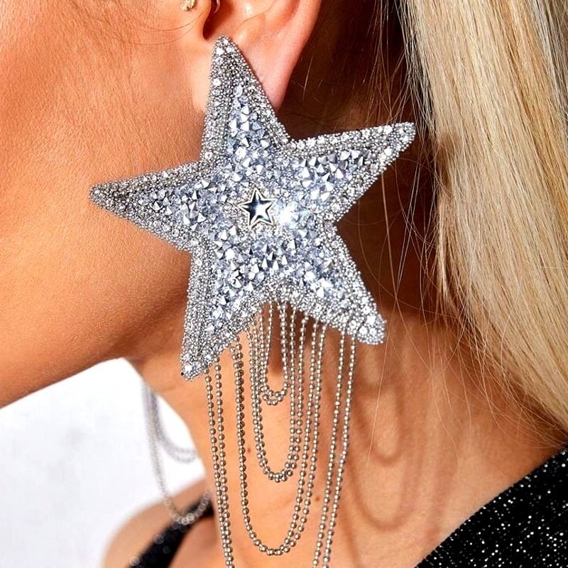 New Large Dallas Cowboy Silver Rhinestone Star Tassle Dangle Chain Earrings